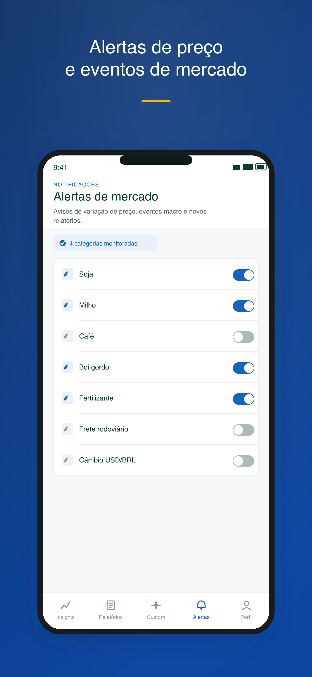 Tela do Rumo Pesquisa com os alertas de preço e eventos de mercado por categoria