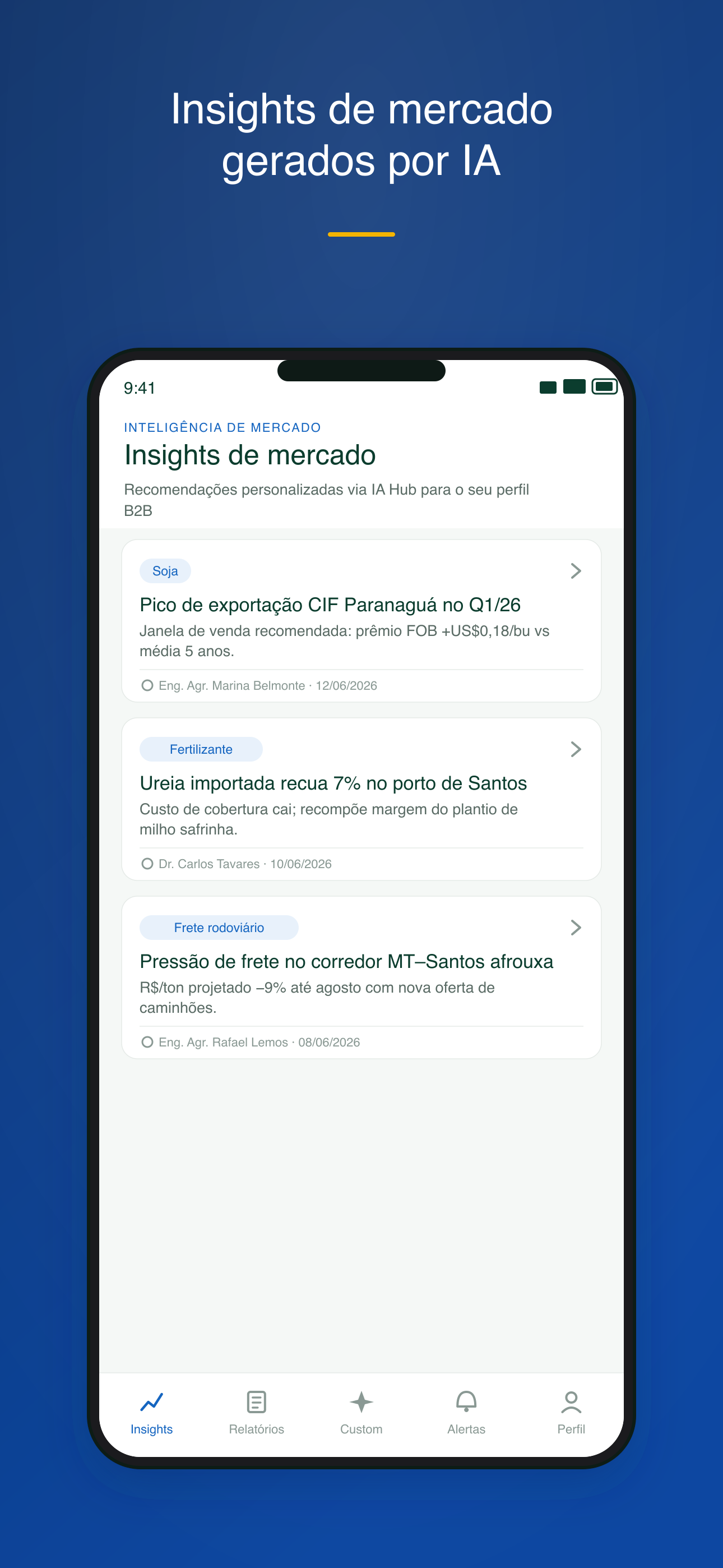 Tela do Rumo Pesquisa com o dashboard de insights de mercado gerados por IA